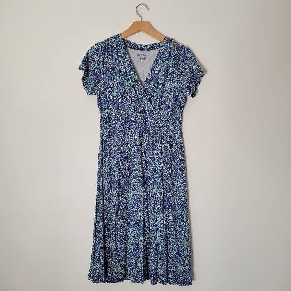 L.L. Bean Floral Jersey Midi Dress Small Petite Blue Green Short Sleeve